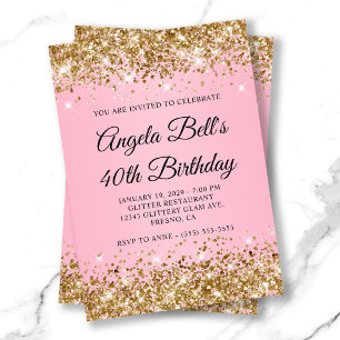 Gold Glitter Pink Fancy Monogram 40th Birthday Invitation