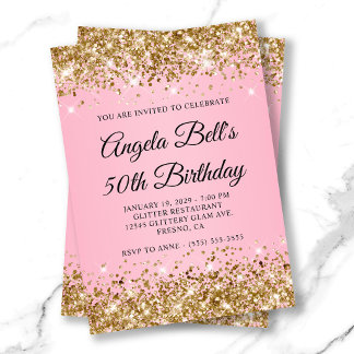 Gold Glitter Pink Fancy Monogram 50th Birthday Invitation