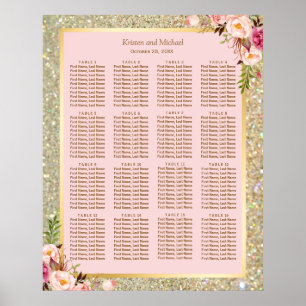 Gold Glitter Pink Floral 16 Tables Seating Chart