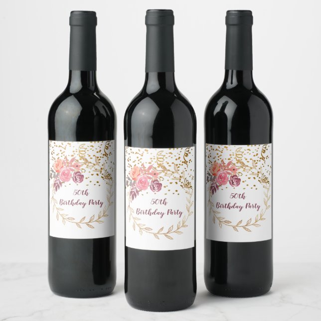Gold Glitter Pink Floral 50th Birthday Party Wine Label (Bottles)
