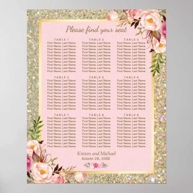 Gold Glitter Pink Floral 9 Tables Seating Chart (Front)