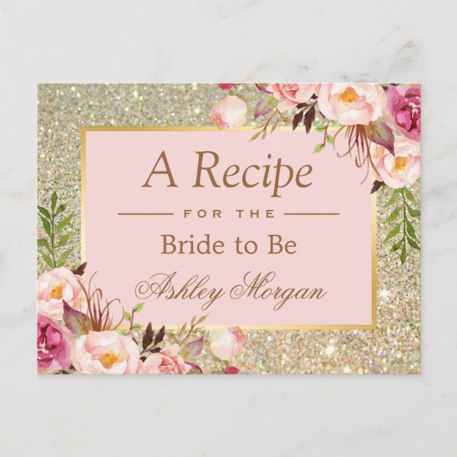 Gold Glitter Pink Floral Bridal Shower Recipe Card (Front)