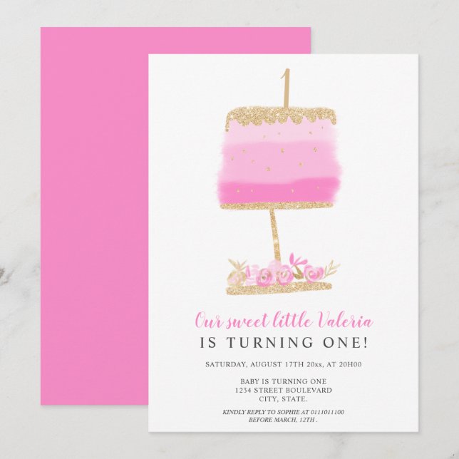 Gold glitter pink floral cake first birthday invitation (Front/Back)