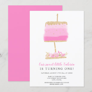 Gold glitter pink floral cake first birthday invitation