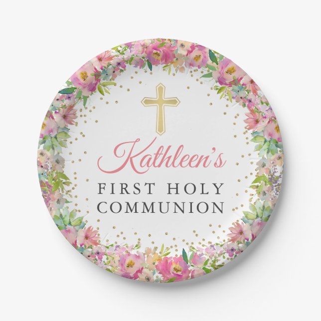 Gold Glitter Pink Floral First Holy Communion Paper Plate (Front)
