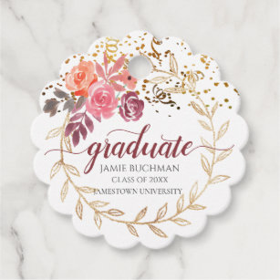 Gold Glitter Pink Floral Graduate Gift Favour Tags