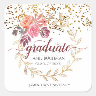 Gold Glitter Pink Floral Graduate Party Square Sticker