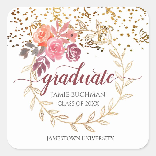 Gold Glitter Pink Floral Graduate Party Square Sticker (Front)
