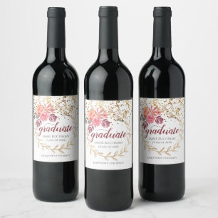Gold Glitter Pink Floral Graduate Wine Label