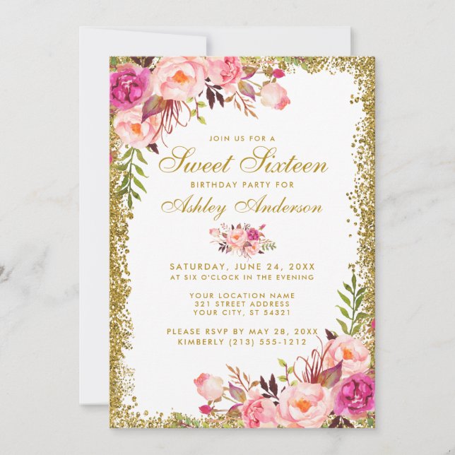 Gold Glitter Pink Floral Sweet 16 Birthday Invite (Front)