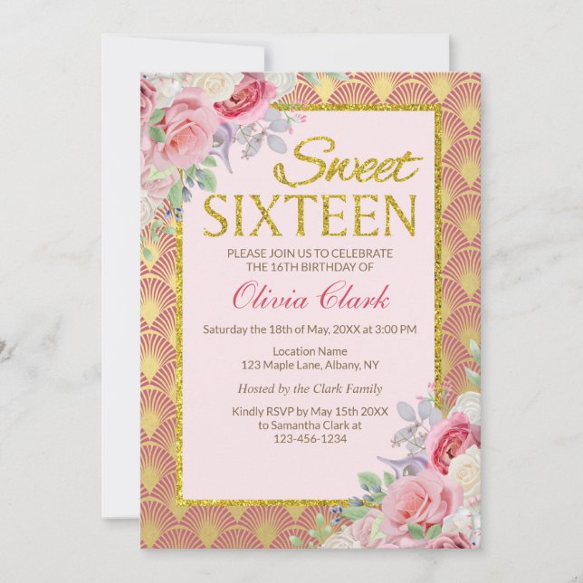 Gold Glitter Pink Floral Sweet Sixteen Birthday Invitation (Front)