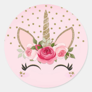 Gold Glitter & Pink Floral Unicorn Birthday Party Classic Round Sticker