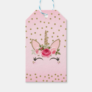 Gold Glitter & Pink Floral Unicorn Birthday Party Gift Tags