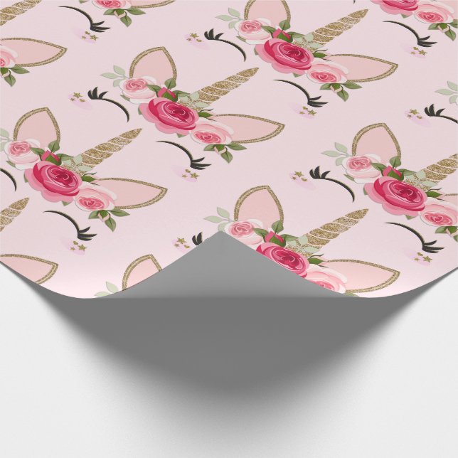 Gold Glitter & Pink Floral Unicorn Birthday Party Wrapping Paper (Corner)