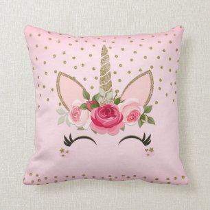 Gold Glitter & Pink Floral Unicorn Cushion