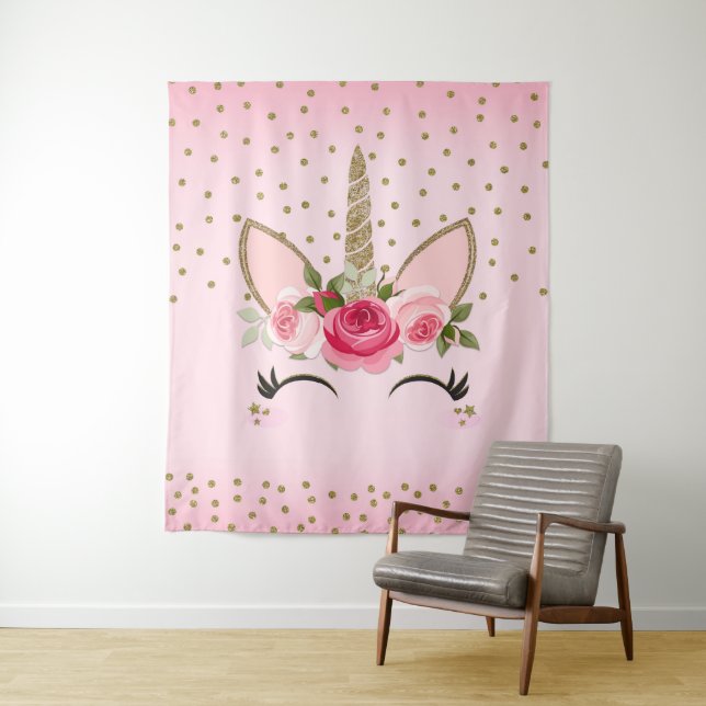 Gold Glitter & Pink Floral Unicorn Face Trendy Tapestry (In Situ)