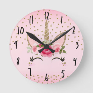 Gold Glitter & Pink Floral Unicorn Round Clock