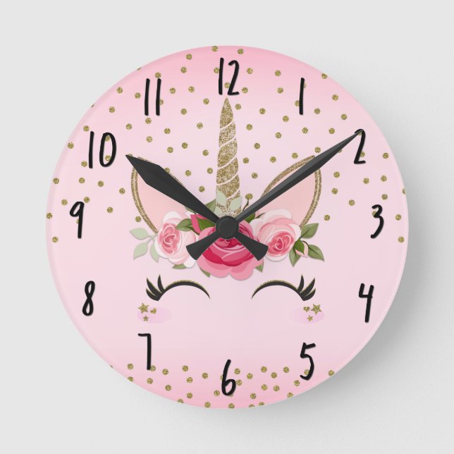 Gold Glitter & Pink Floral Unicorn Round Clock (Front)