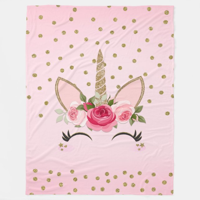 Gold Glitter & Pink Floral Unicorn Trendy Fleece Blanket (Front)