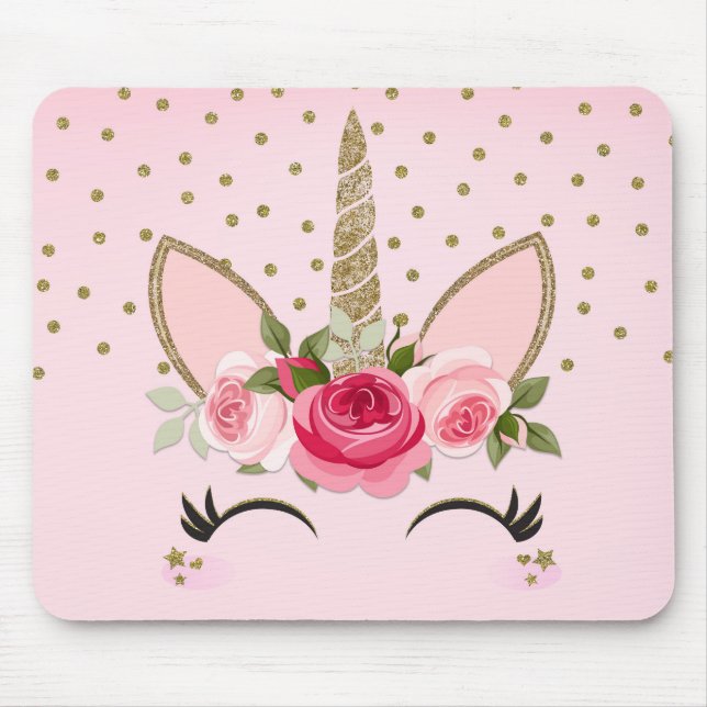 Gold Glitter & Pink Floral Unicorn Trendy Mouse Mat (Front)