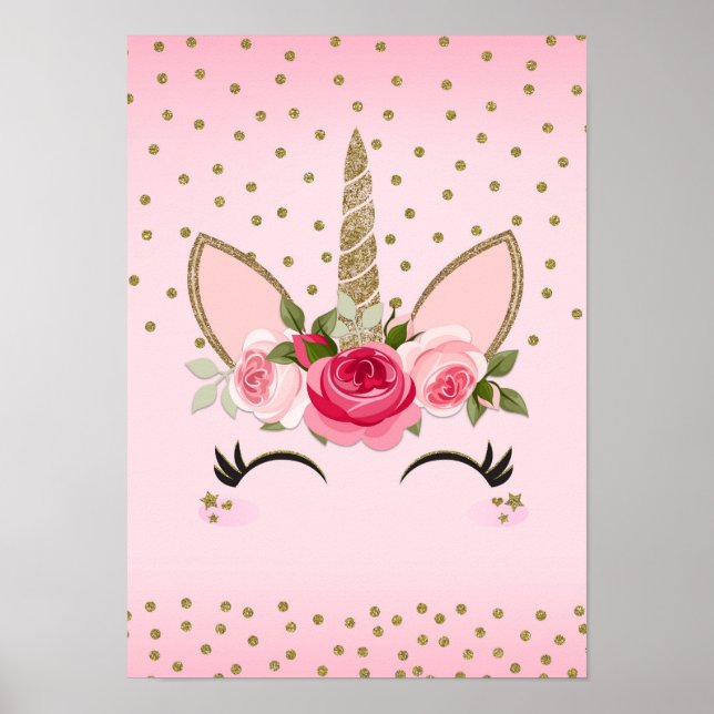 Gold Glitter & Pink Floral Unicorn Trendy Poster (Front)