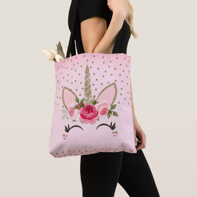 Gold Glitter & Pink Floral Unicorn Trendy Tote Bag (Close Up)