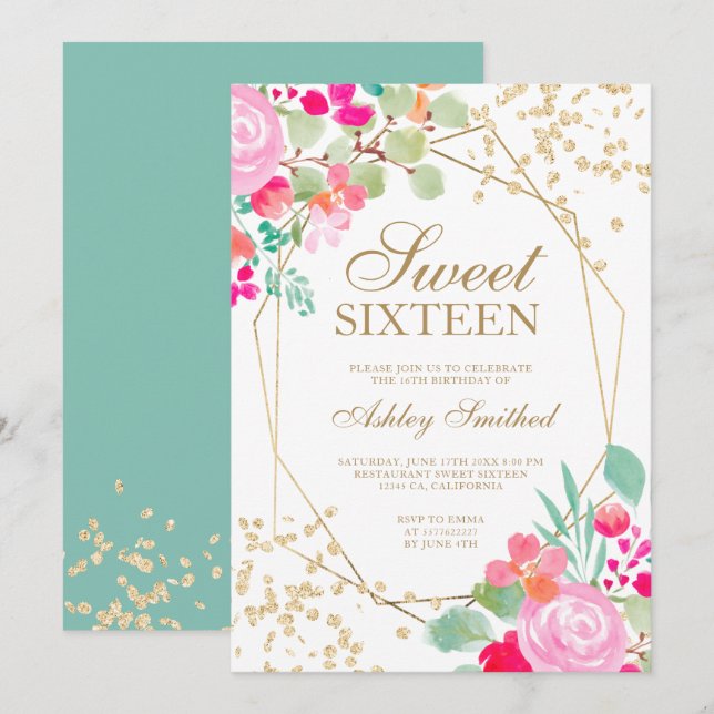 Gold glitter pink floral watercolor Sweet 16 Invitation (Front/Back)