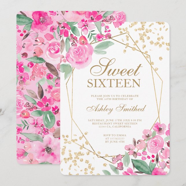 Gold glitter pink floral watercolor Sweet 16 Invitation (Front/Back)