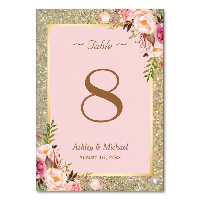Gold Glitter Pink Floral Wedding Table Number (Front)