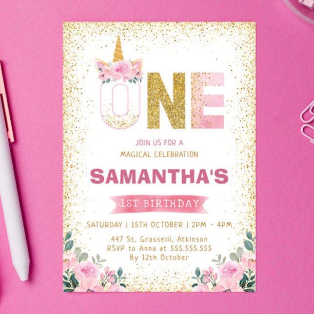Gold Glitter Pink Flowers Unicorn 1st Birthday Invitation (Creator Uploaded)