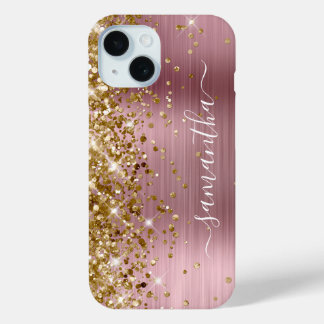Gold Glitter Pink Foil Modern Girly Signature iPhone 15 Case