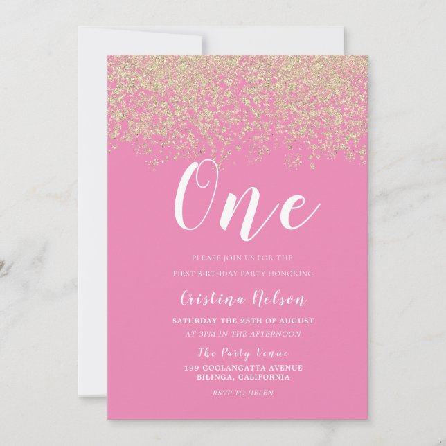 Gold Glitter Pink Girls 1st Birthday Party Invitation (Front)