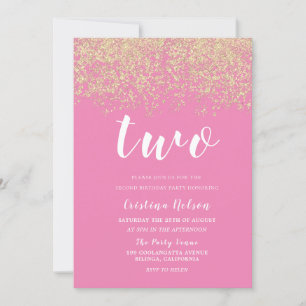 Gold Glitter Pink Girls 2nd Birthday Party Invitation