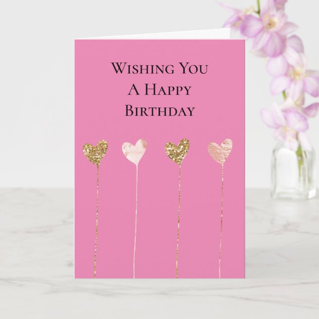Gold Glitter Pink Glam Heart Strings Birthday Card (Orchid)