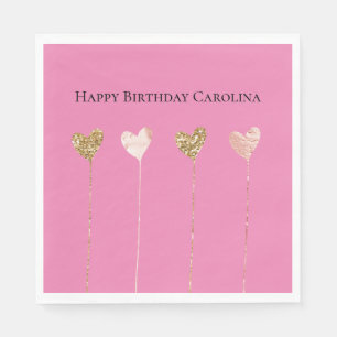Gold Glitter Pink Glam Heart Strings Birthday Napkin