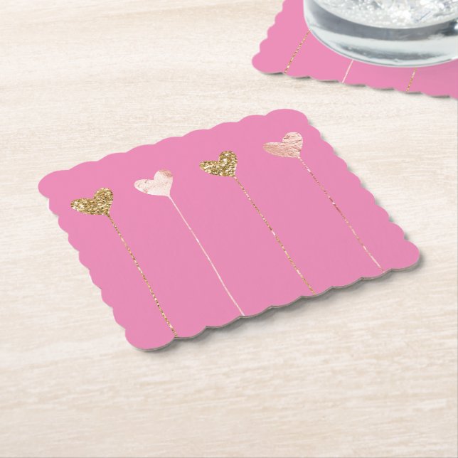 Gold Glitter Pink Glam Heart Strings Birthday Paper Coaster (Angled)