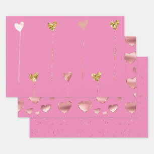 Gold Glitter Pink Glam Hearts Strings Wrapping Paper Sheet
