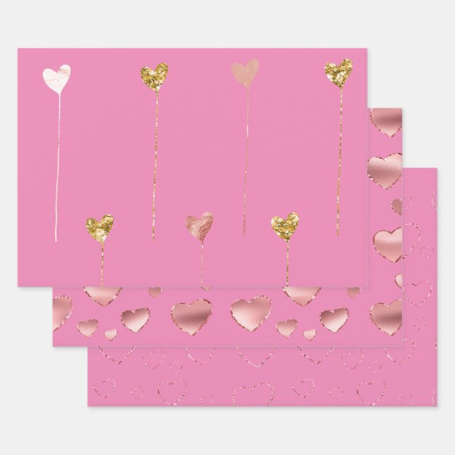 Gold Glitter Pink Glam Hearts Strings Wrapping Paper Sheet (Set)