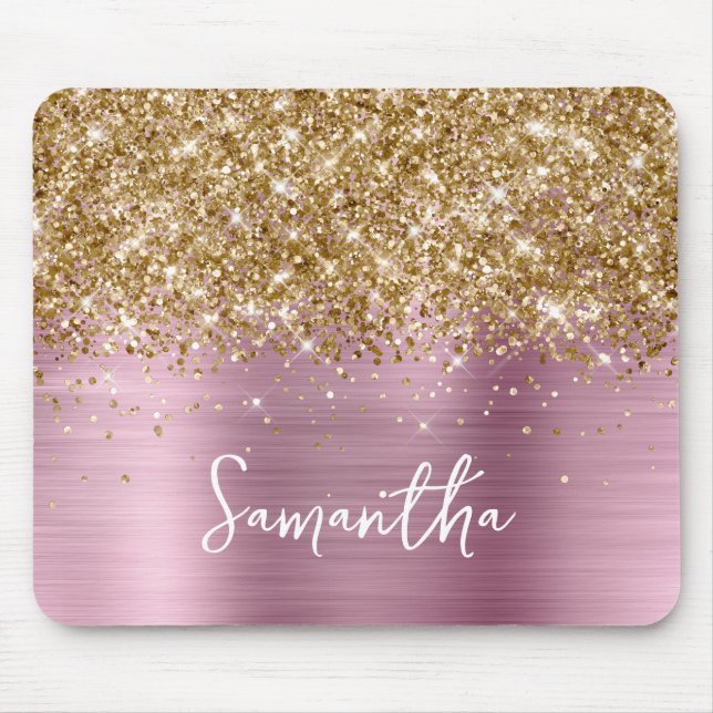 Gold Glitter Pink Glam Name Mouse Mat (Front)