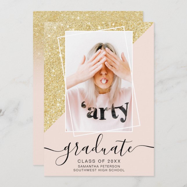 Gold Glitter pink graduate photo graduation Invitation (Front/Back)