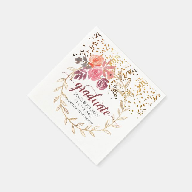 Gold Glitter Pink Marsala Floral Graduate Party Napkin (Corner)