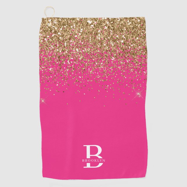Gold Glitter Pink Monogrammed Golf Towel (Front)