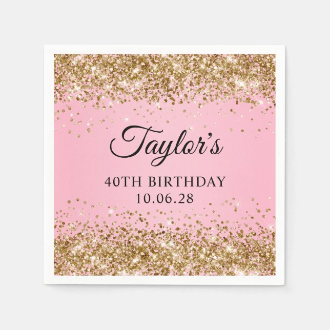 Gold Glitter Pink Ombre 40th Birthday Napkin (Front)