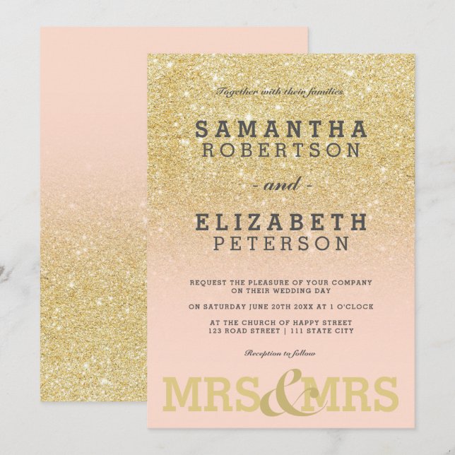 Gold glitter pink ombre lesbian wedding invitation (Front/Back)