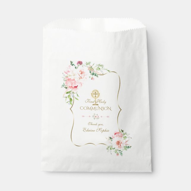 Gold Glitter Pink Peony Floral Holy Communion Favour Bags (Front)