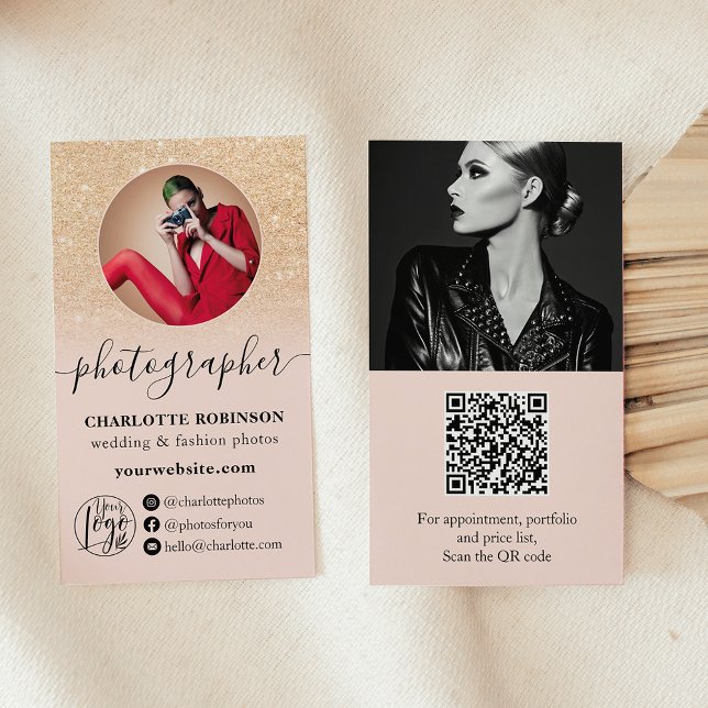 Gold glitter pink photo qr code logo photographer business card (Gold glitter pink photo qr code logo photographer business card)