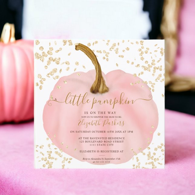 Gold glitter pink pumpkin watercolor baby shower invitation (Gold glitter pink pumpkin watercolor baby shower invitation)
