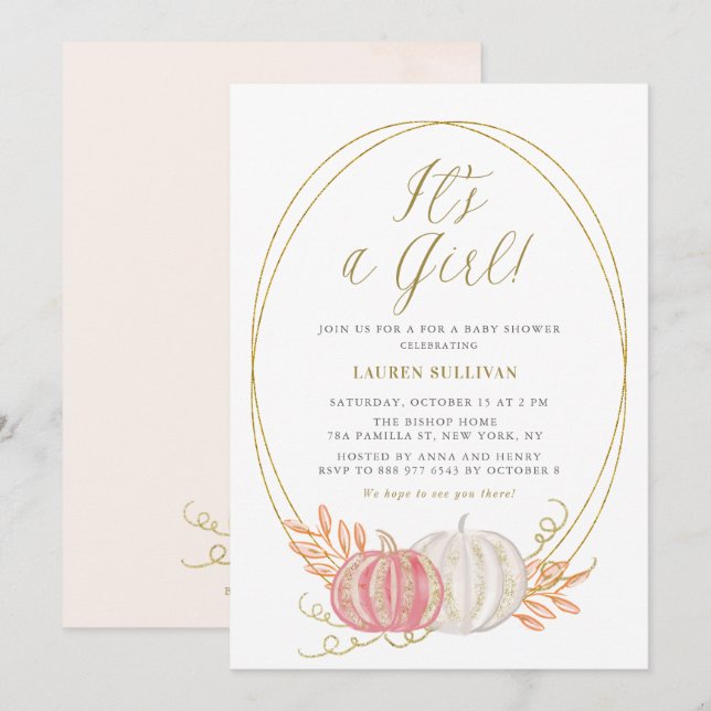 Gold Glitter Pink Pumpkins It's a Girl Baby Shower Invitation (Front/Back)