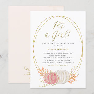 Gold Glitter Pink Pumpkins It's a Girl Baby Shower Invitation