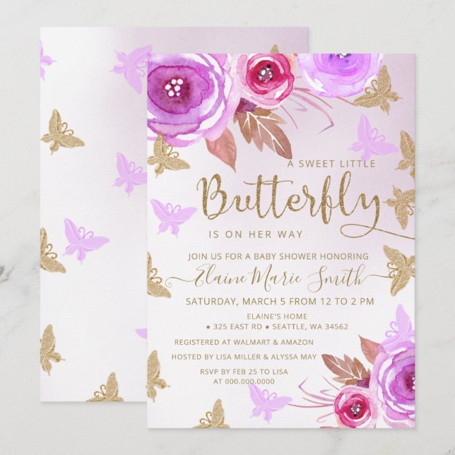 Gold Glitter Pink Purple Butterflies Baby Shower   Invitation (Front/Back)